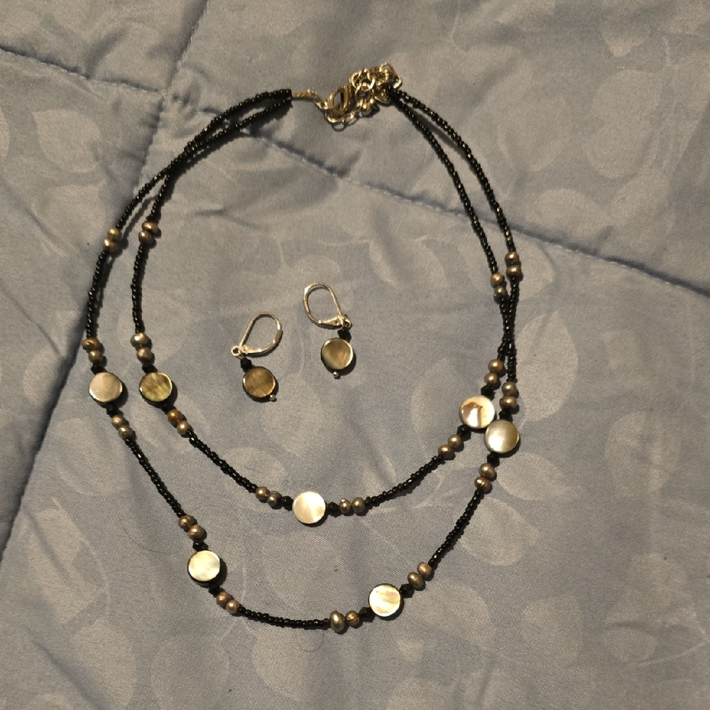 Lia Sophia Black Bead Double Strand Necklace with Matching Earrings